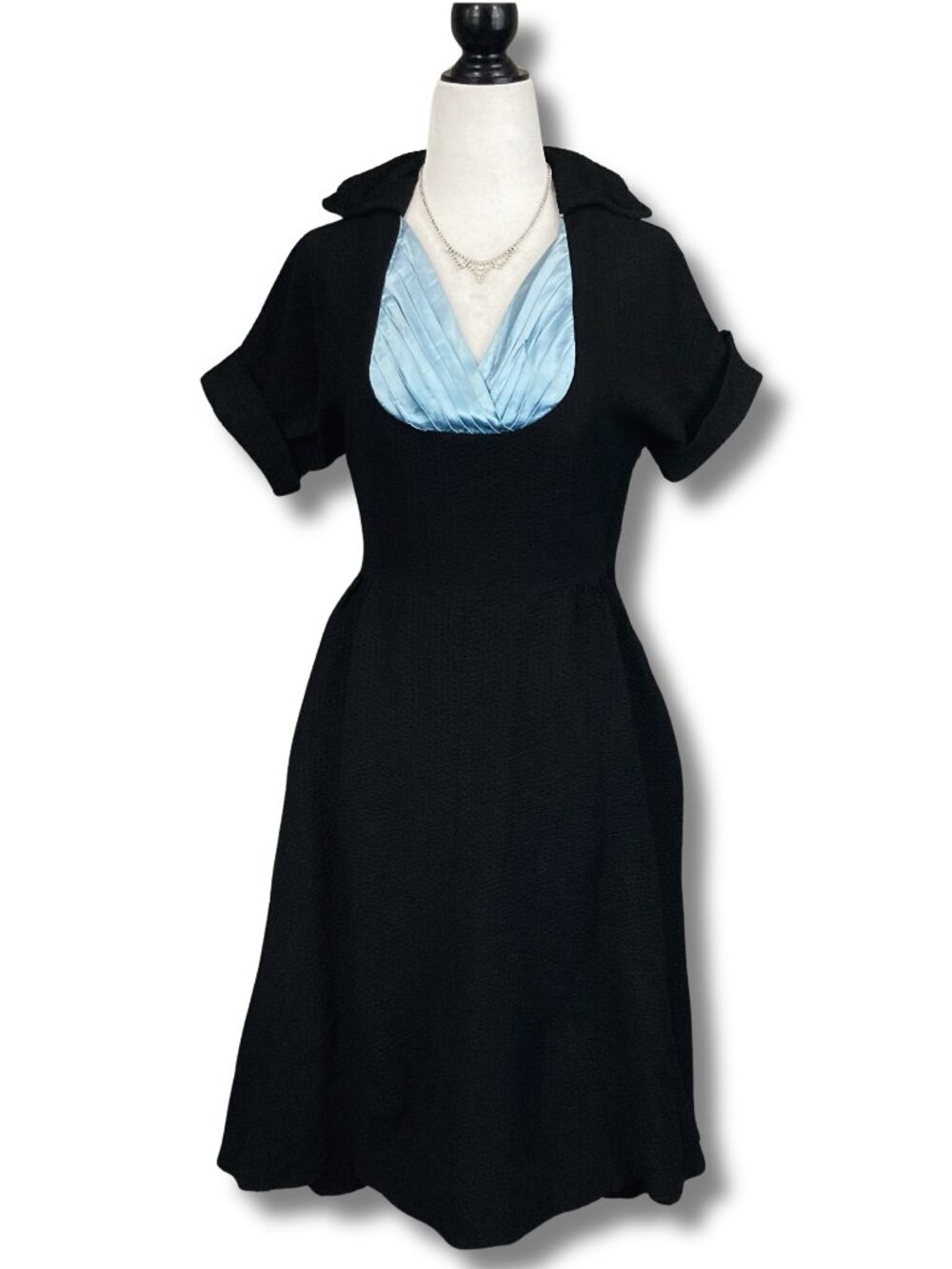 MID-CENTURY VINTAGE 1950s Black and blue short-sleeved shelf-bust dress XS SMALL